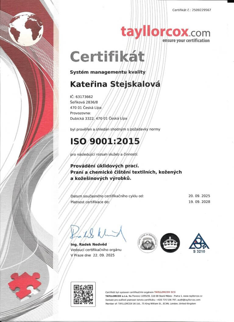 Certifikát ISO 9001:2015 Kateřina Stejskalová, platnost do 19. 9. 2028